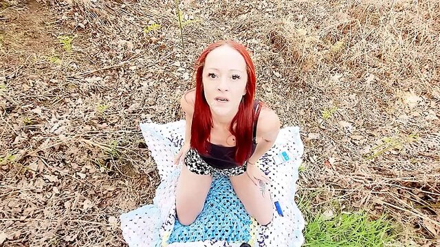 Skinny girl gets huge cock in outdoor forest blowjob